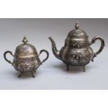 German Silver Teapot and sugar bowl in Rococo manner hallmarked , rich engraved and chased with