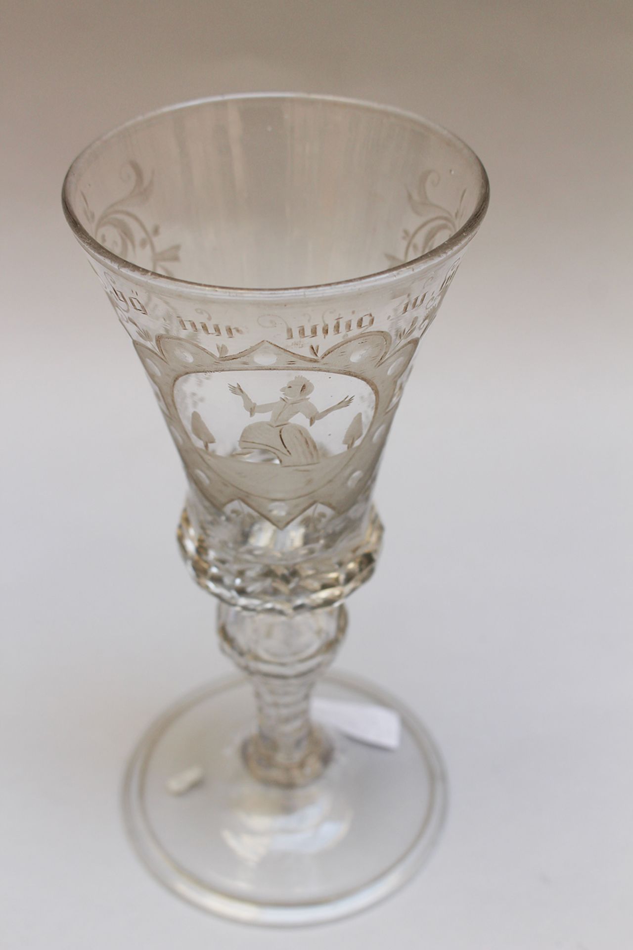 Transparent glass goblet, with one cut and curved central foot, with etched ornament and described “ - Image 2 of 3