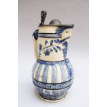 German Ceramic jug with pewter lid and man’s face , handgrip, painted in blue , glazed, 19th