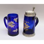 Blue Glass tankard with painted decorations and pewter mount with lid and enamel painted finial ,dog