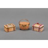 Set of miniature picnic boxes, in different shape, porcelain, each with miniature Interior of wine