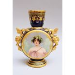 Vienna Style Porcelain vase , amphora shape with side grips and long neck, painted with girls