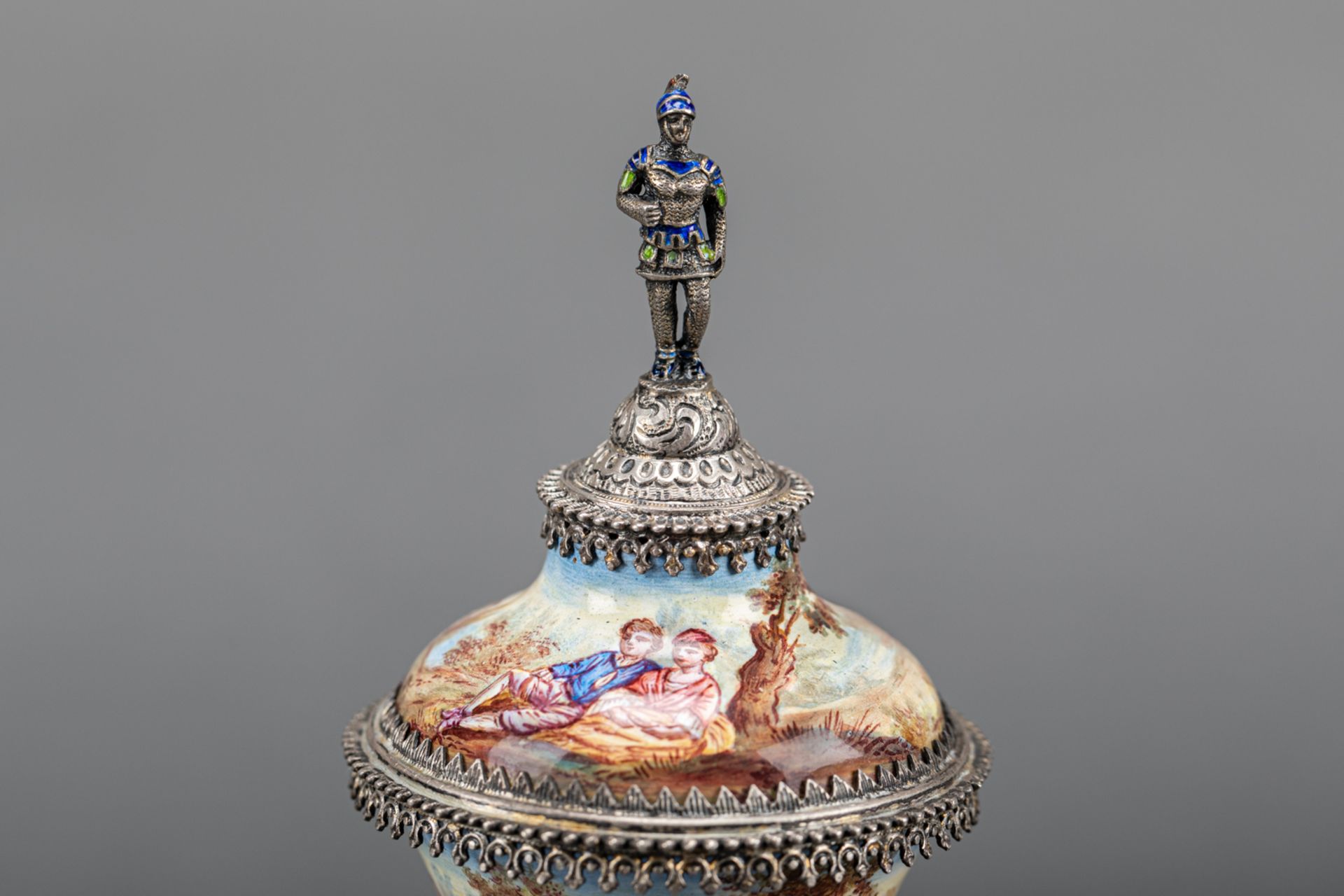 Vienna enamel goblet with lid, on central feed , silver mount with multi coloured enamel scenes - Image 2 of 3