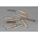 lot of 12 pen holders and fillers in different materials styles and age, partly hallmarked,