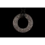 Leather necklace with Art Deco round platinum pendant, with old diamonds 0.8K. Total length 21.5cm