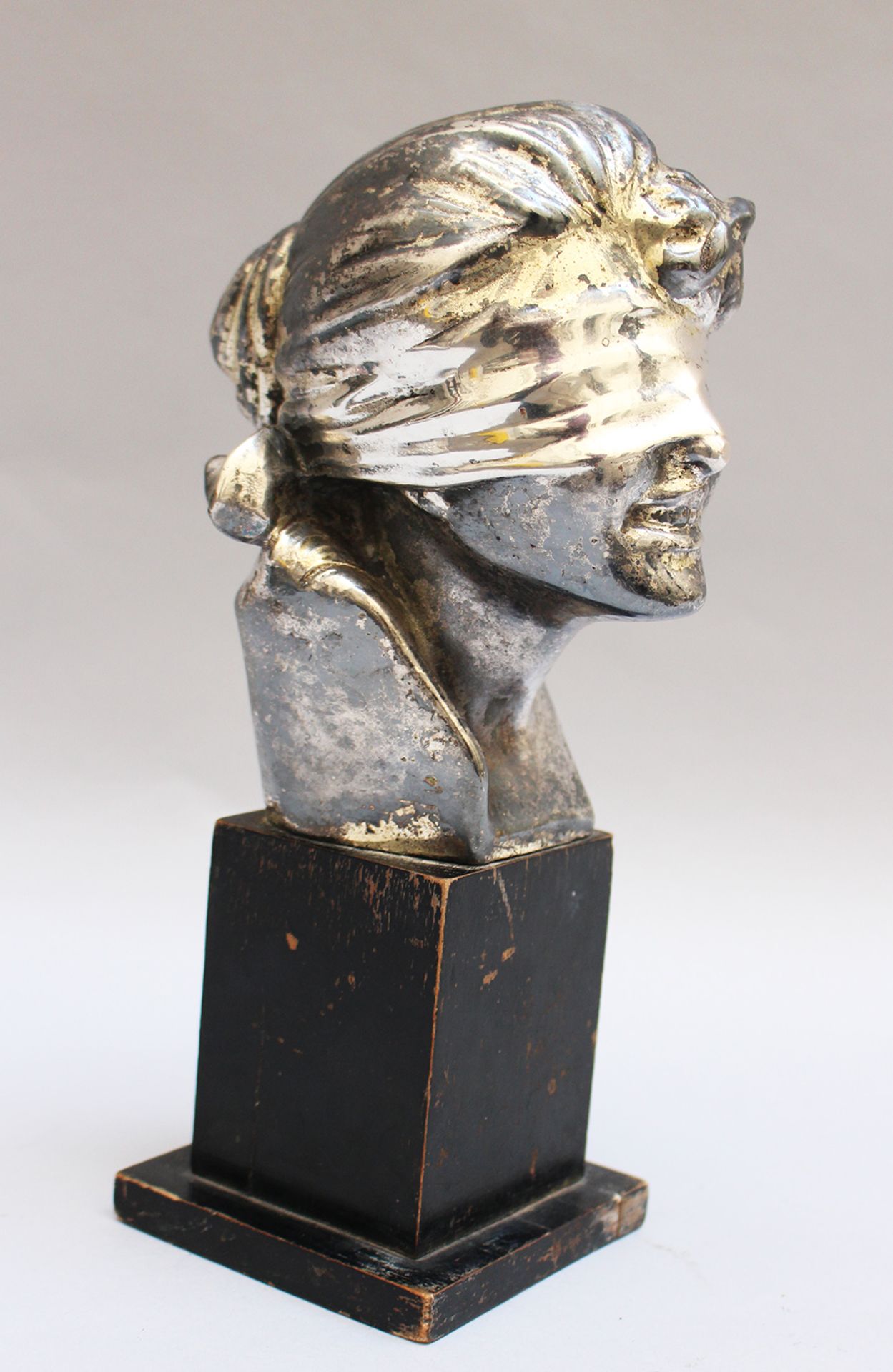 Art Noveau bust of a girl with scarf on the eyes, metal , on ebonised wooden base , signed and - Image 3 of 3