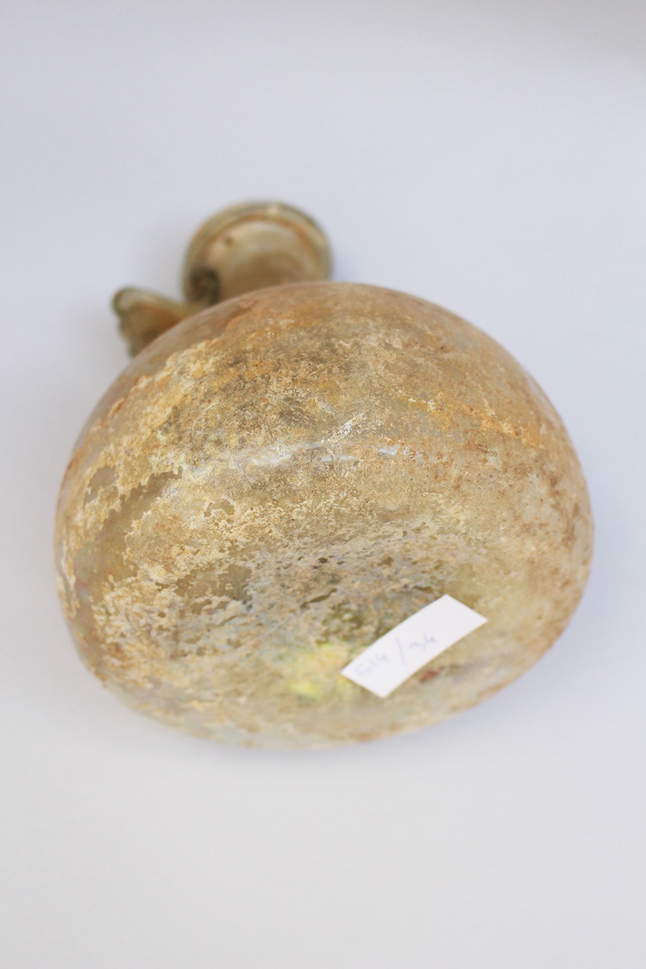 Early glass flask , round shape with handgrip and long neck, green transparent glass , possible - Image 3 of 3