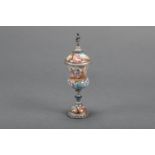 Vienna enamel goblet with lid, on central feed , silver mount with multi coloured enamel scenes