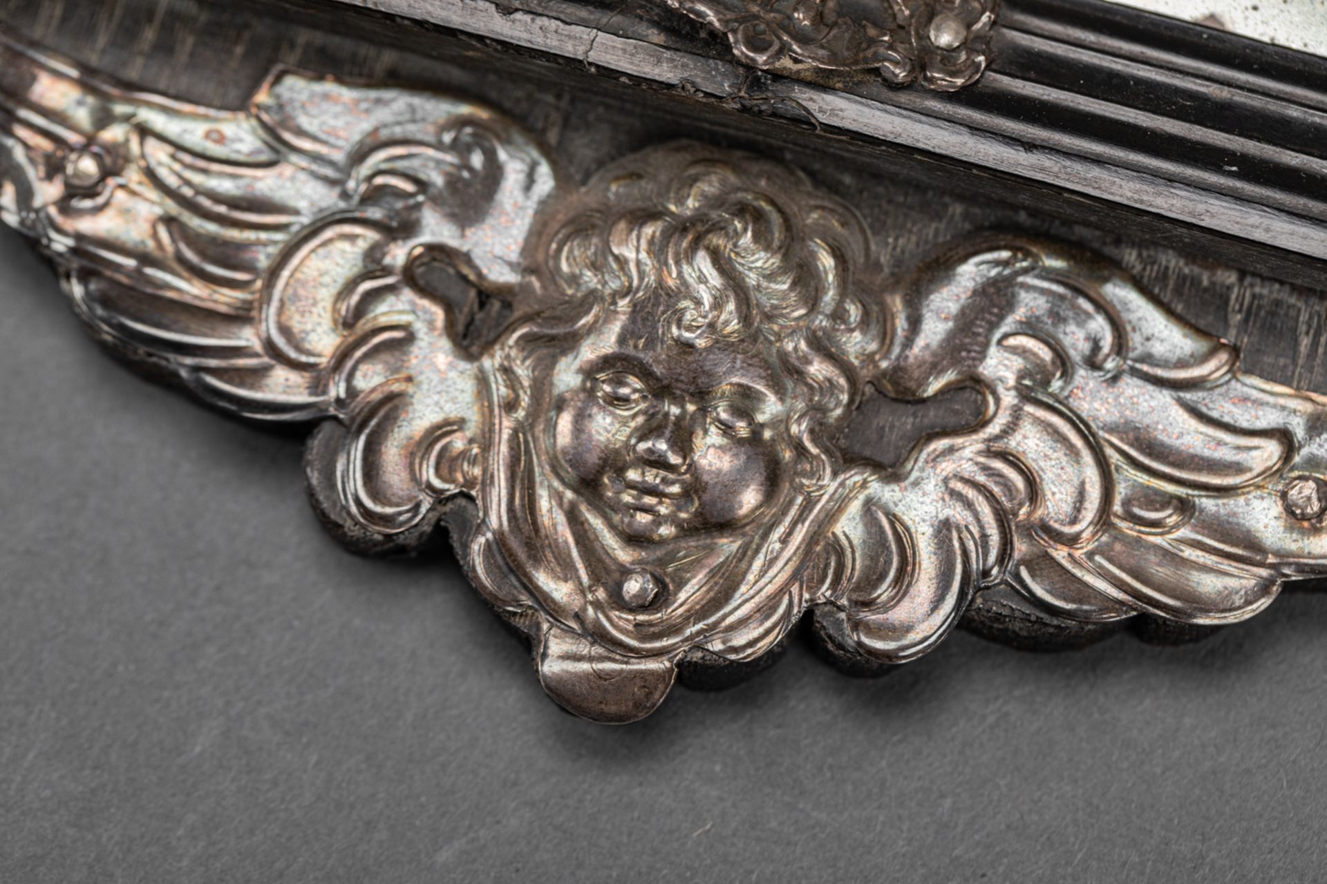 Italian mirror, chased silver ornaments on ebonised wooden frame, with coat of arms with two - Image 3 of 3