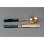 spoon and knife, silver gilded with jaspis stone grips canted and polished , German , 20 cm long