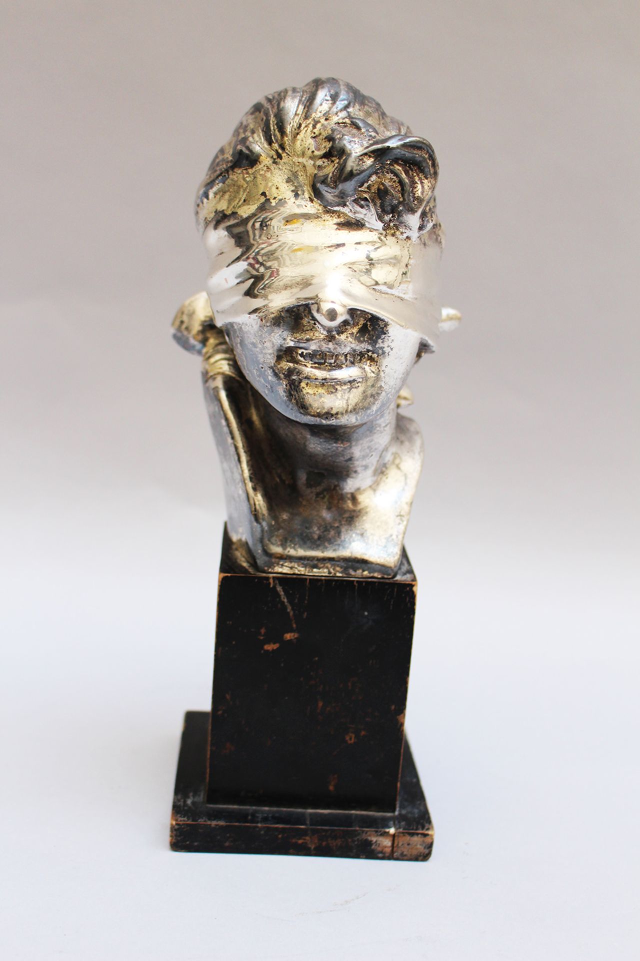 Art Noveau bust of a girl with scarf on the eyes, metal , on ebonised wooden base , signed and - Image 2 of 3
