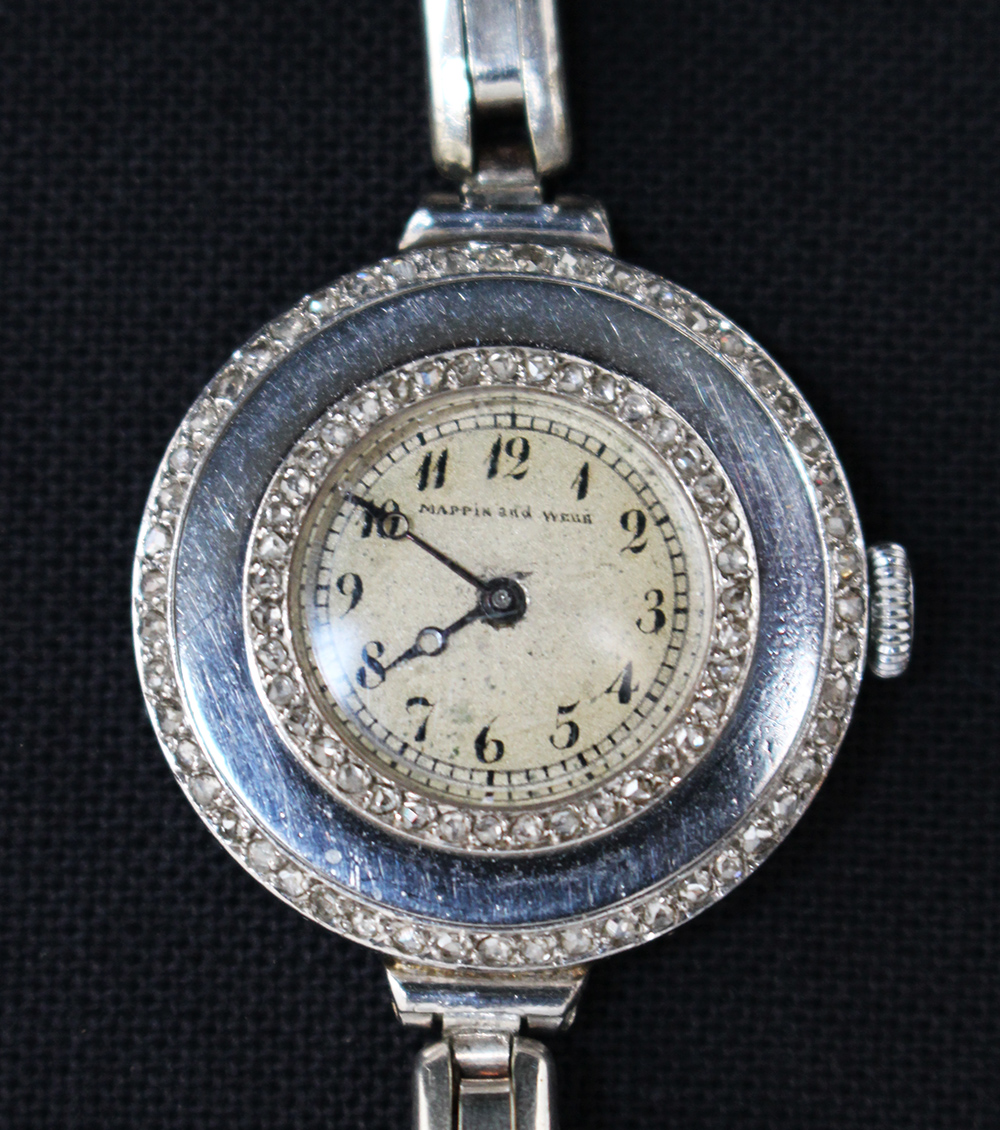 Ladies Watch Mappin and Webb , platinum with diamonds and steel bracelet; English 20th Century; in