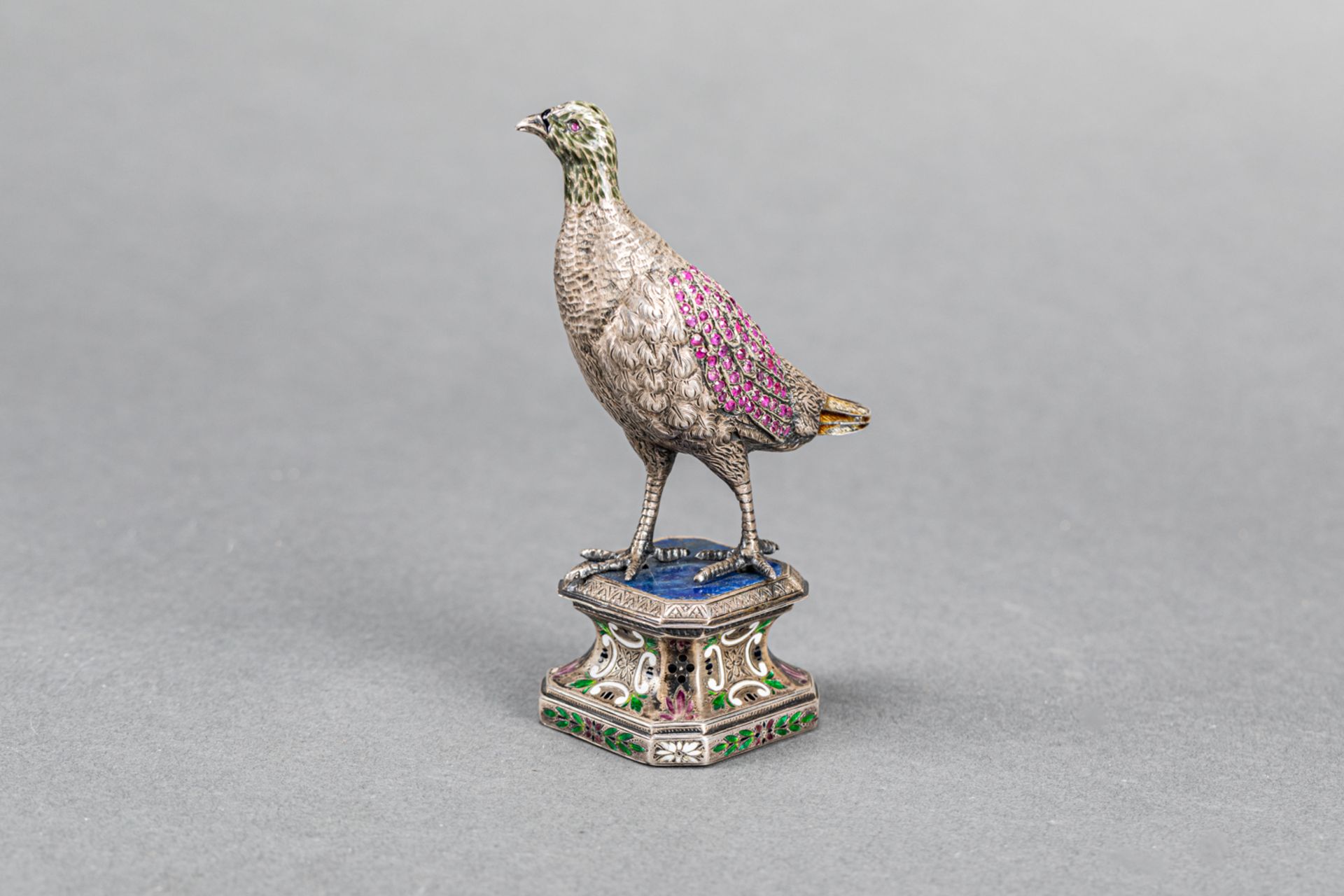 Pheasant sculpture, on octagonal base with lapislazuli top, silver with rich enamel decorations - Image 2 of 3