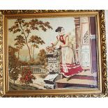 Gobelin Tapestry, Lady in romantic Garden, multi coloured textile, handmade, framed under glass,