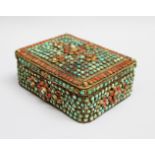 Asian box , rectangular shape with one lid, rounded corners decorated with turquoise and corals