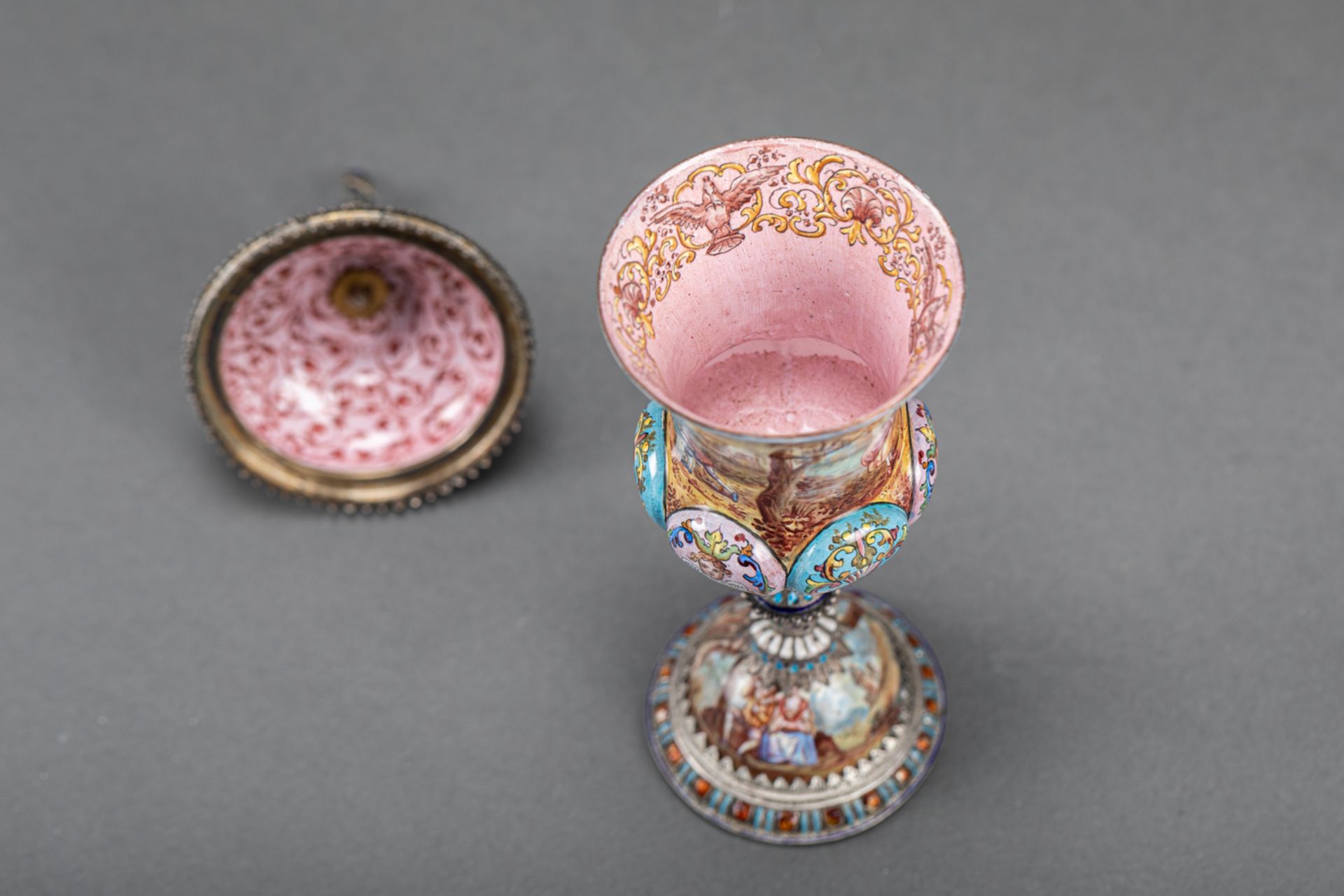 Vienna enamel goblet with lid, on central feed , silver mount with multi coloured enamel scenes - Image 3 of 3