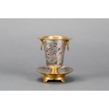 Presentation cup on round base metal silvered and gilded with multi coloured enamels birds and