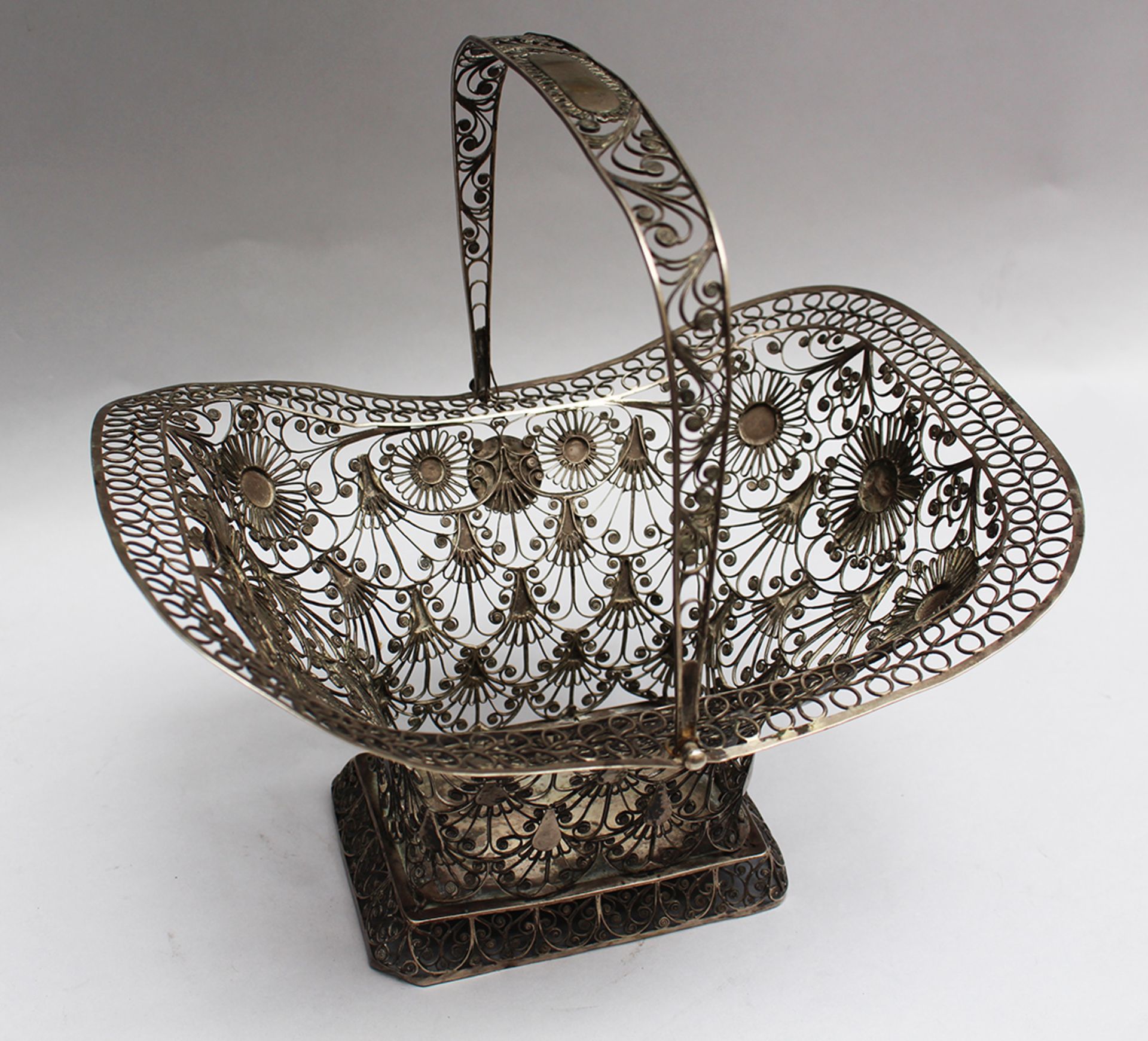 Silver basket with handle; master signed P.F.V.?, 19th Century; 430g. Height 24cm, width 25cm - Image 2 of 3