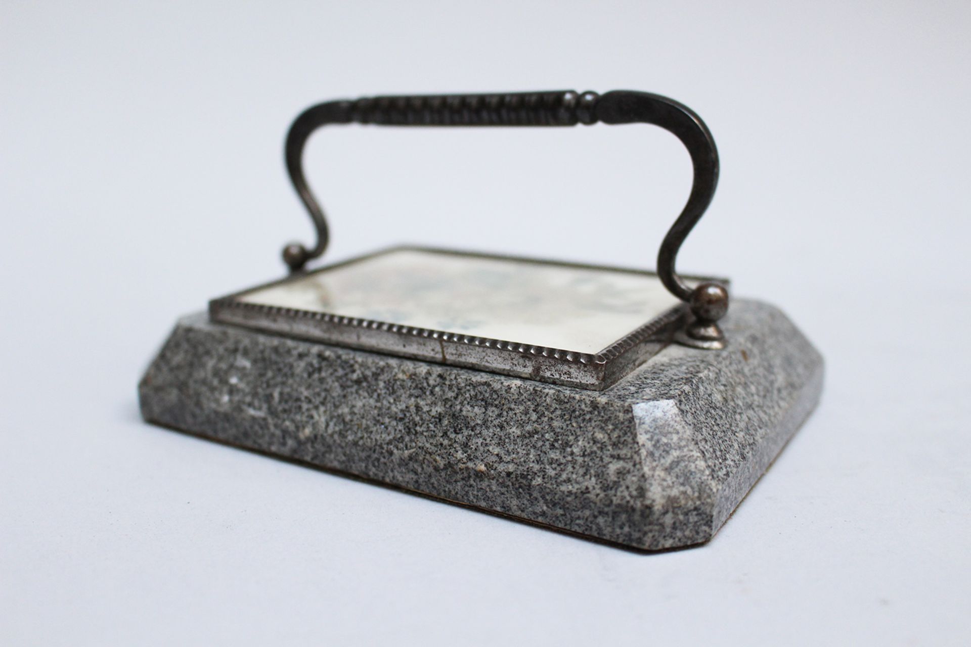 Vienna paperweight, cut iron mount with needlework picture on grey granite stone base; around - Image 3 of 3