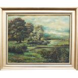 Grombach 20. century, Landscape with cows, Oil on board framed signed, 38x48 cm