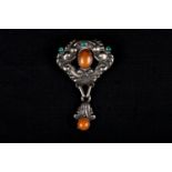 Silver brooch, 830/1000, master sign SF, around 1900, with stones. 12g. 9X5cm