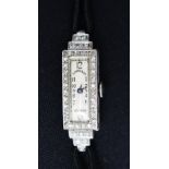 Tiffany New York, Ladies Watch, around 1930; with platinum mounts and diamonds; with black leather