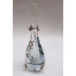 Blue toned transparent glass vase, with silver flowers on it, silver 925/1000 from Koch & Berfeld