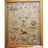Folk Art , needlework panel with symbols , animals and flowers, framed under glass 19. century,