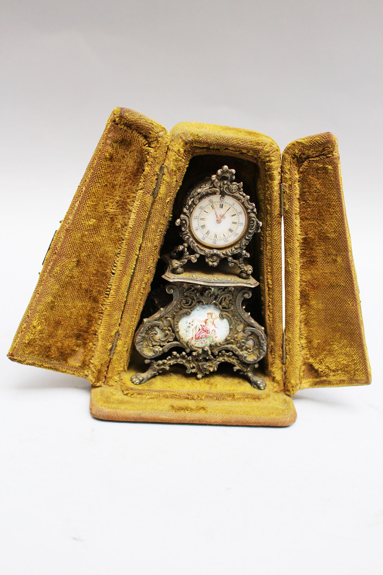 Silver miniature clock, in baroque from , inside gilted, with enamel dial and painting, open - Image 3 of 3