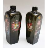 Two Manieristic glass bottles, canted cylindrical shape with short neck, green mouth blown