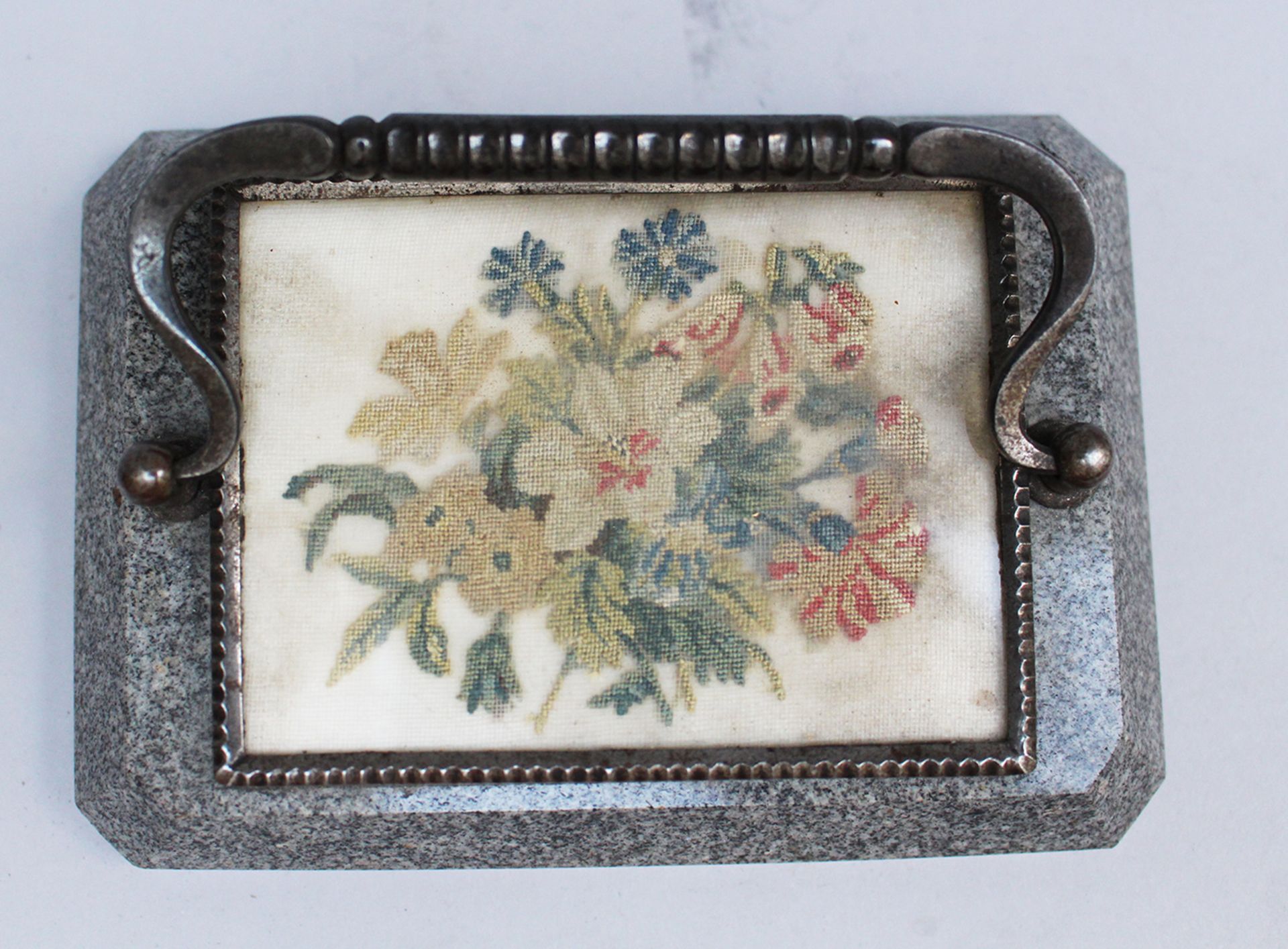 Vienna paperweight, cut iron mount with needlework picture on grey granite stone base; around - Image 2 of 3