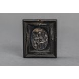 Ebonised wood frame with silver plaquettes, 18th Century. 7.2x6.3cm