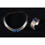 Silver and gold bangle and necklace with lapis lazuli, bangle 28g, necklace 40g. Bangle 16Cm, 41.6cm