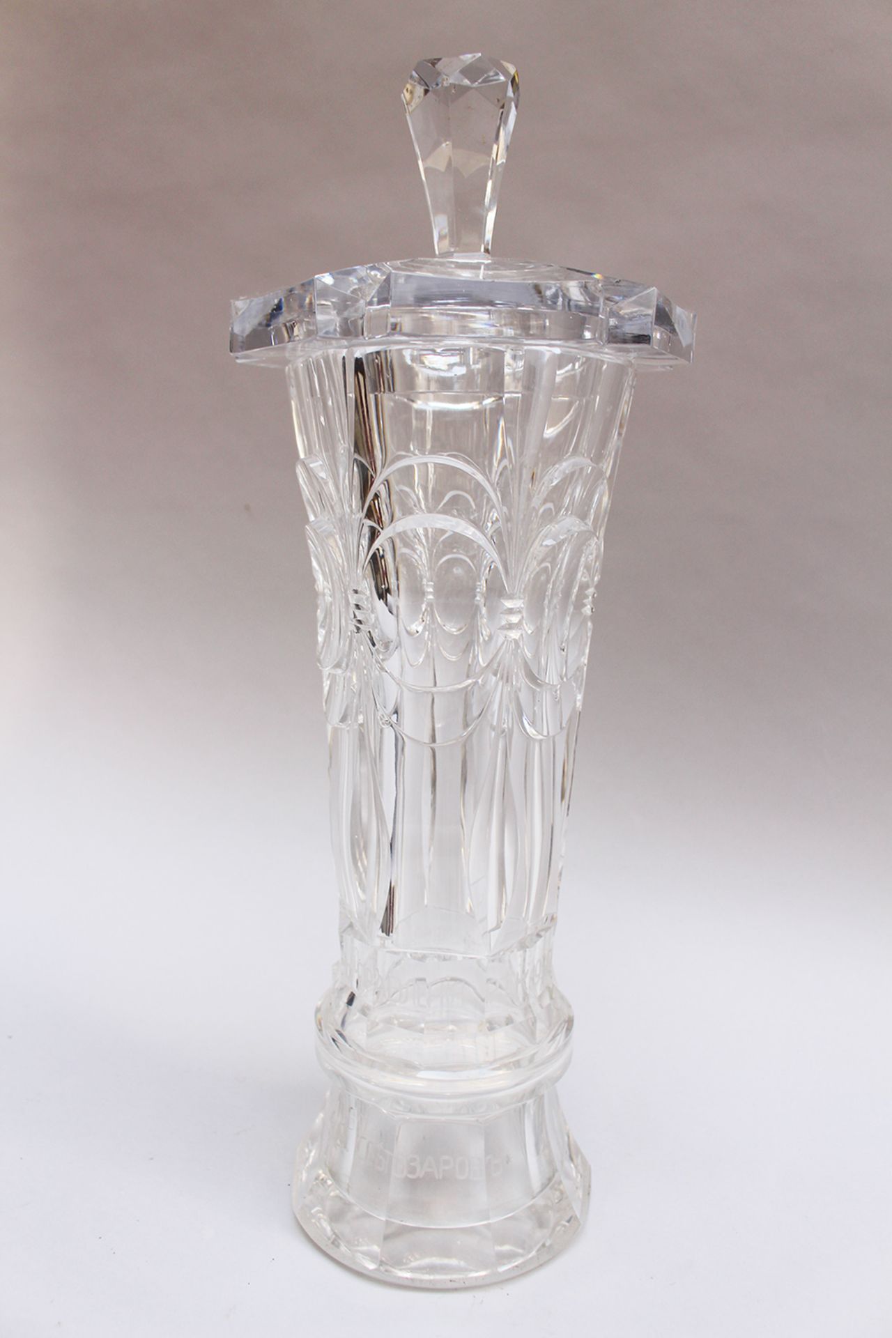 Russian Glass Goblet, with lid cutted transparent glass , with etched russian description and
