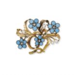 BROCHE EN OR, ARGENT, TURQUOISES, PERLES DE CULTURE ET DIAMANTS, ANNÉES 1940