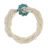 DEMI-PARURE EN OR, PERLES DE CULTURE, TURQUOISES ET DIAMANTS, ANNÉES 1960