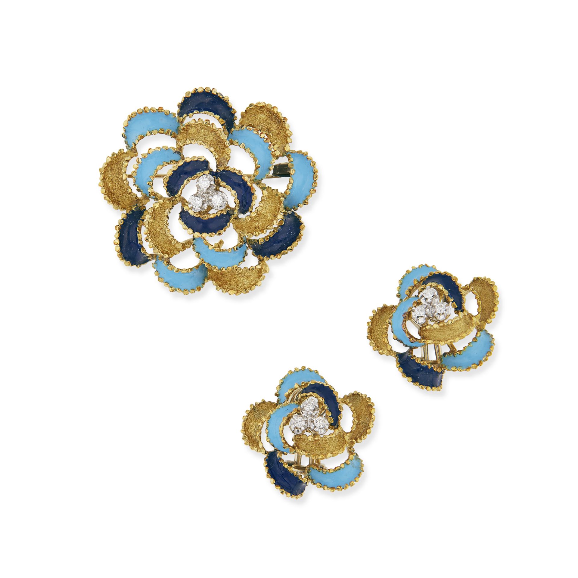 DEMI-PARURE EN OR DE DEUX TONS, ÉMAIL ET DIAMANTS, CIRCA 1970