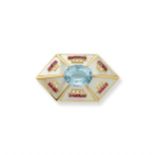 BROCHE AIGUE-MARINE NACRE, RUBIS ET DIAMANTS