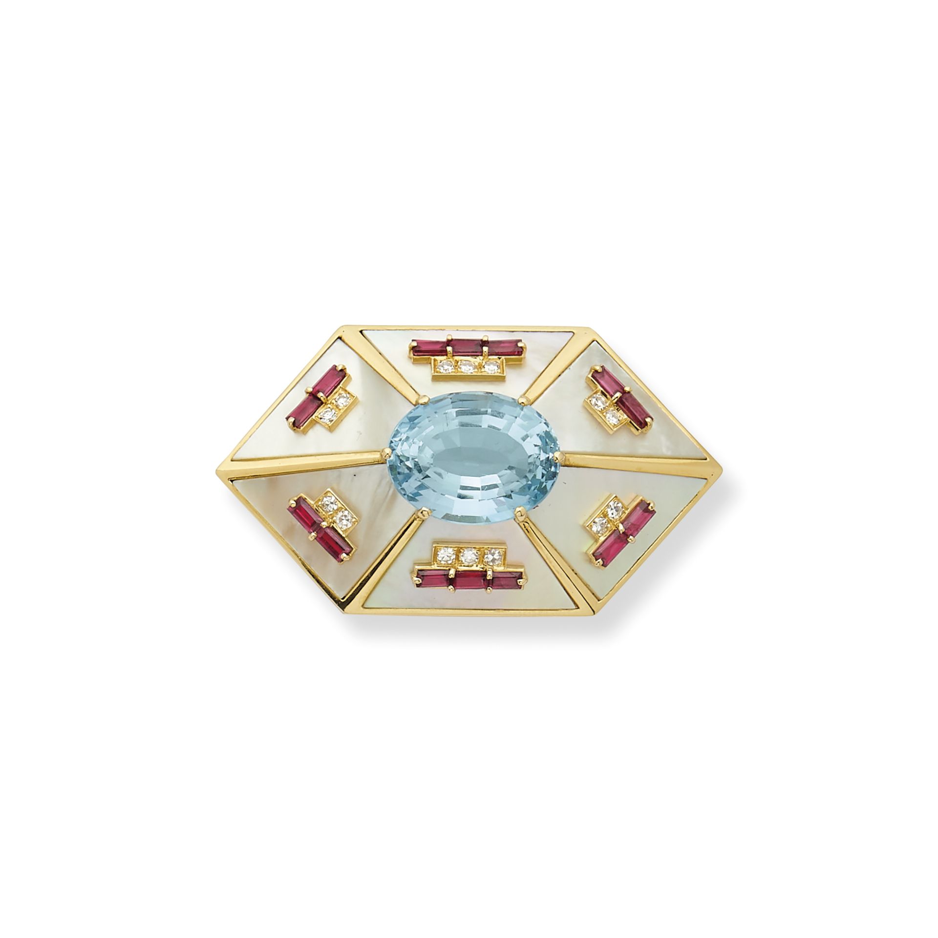 BROCHE AIGUE-MARINE NACRE, RUBIS ET DIAMANTS