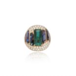 BAGUE EN OR, INDICOLITE, NACRE ET DIAMANTS