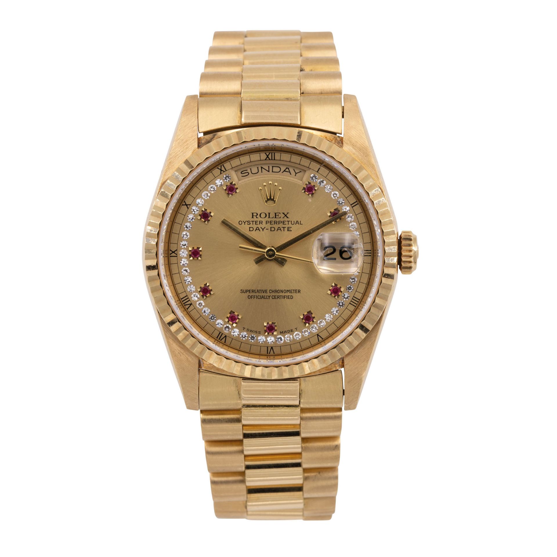 ROLEX DAY-DATE PRESIDENT RUBIS DIAMANTS, RÈF 18238, OR JAUNE - Vers 1993