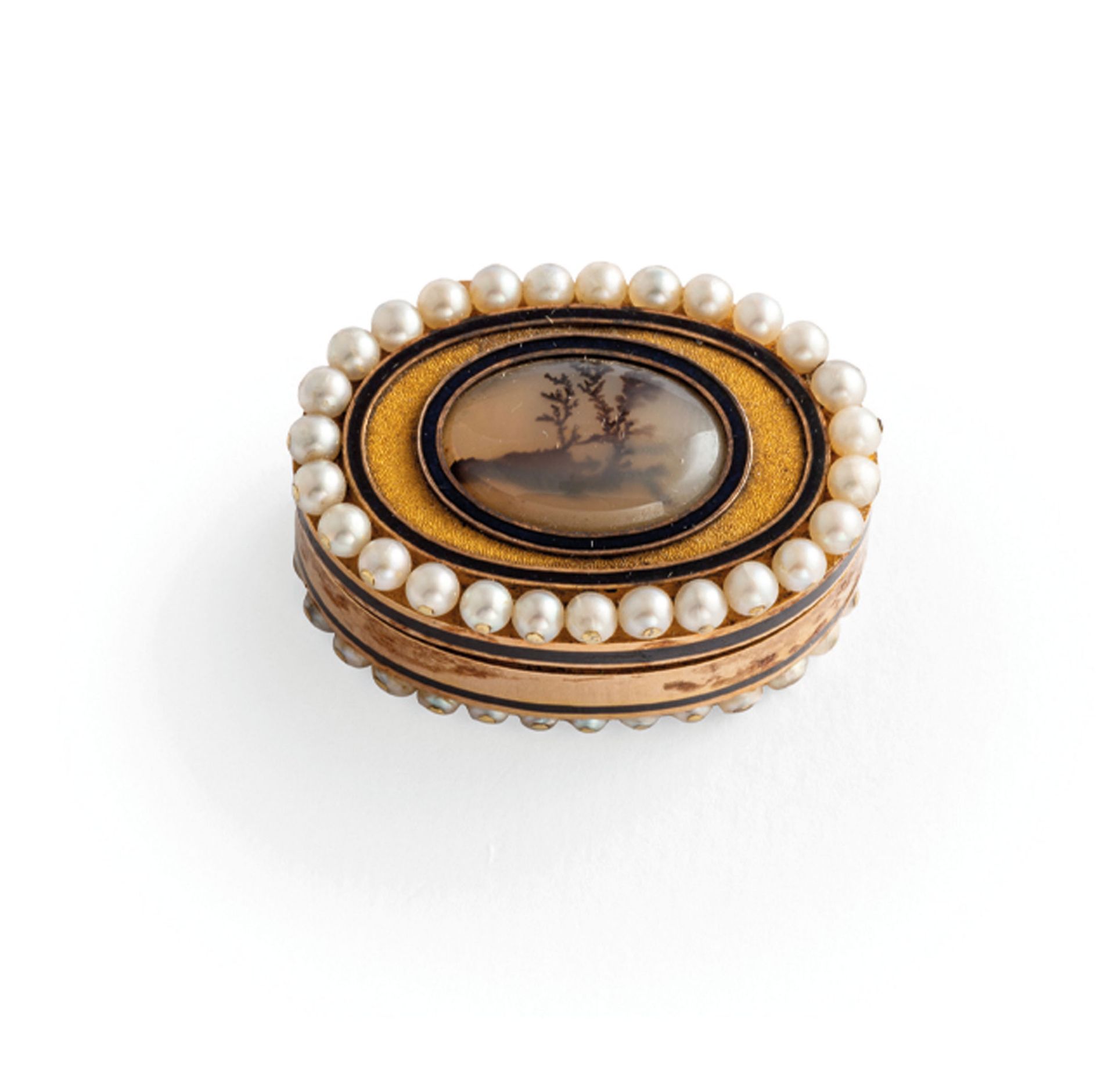 PETITE BOITE VINAIGRETTE EN OR, ÉMAIL, PERLES ET AGATE MOUSSE, FRANCE, XIX SIÈCLE