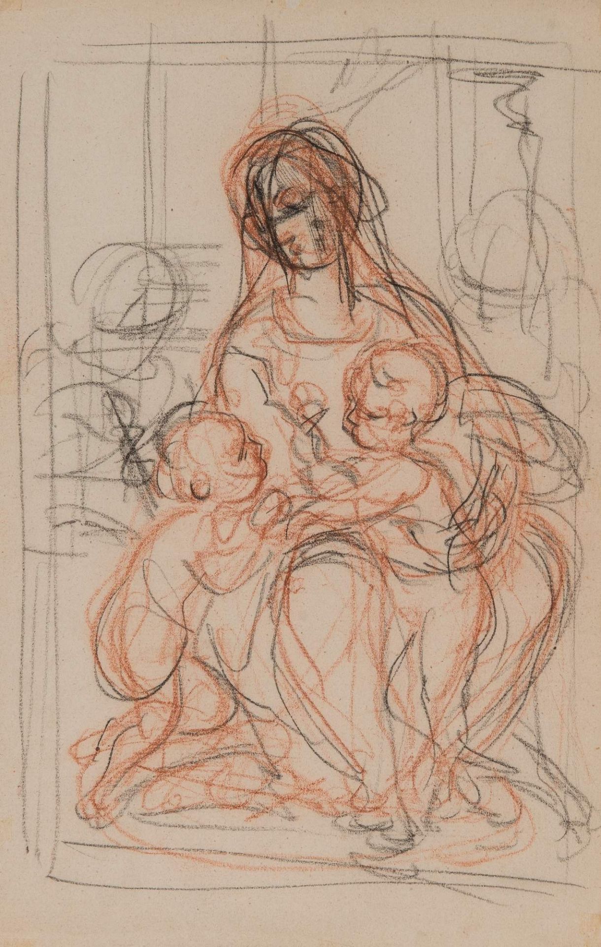 Anonimo bolognese dell’inizio del XVIII secolo. “Madonna col bambino e S. Giovannino”. Sanguigna e