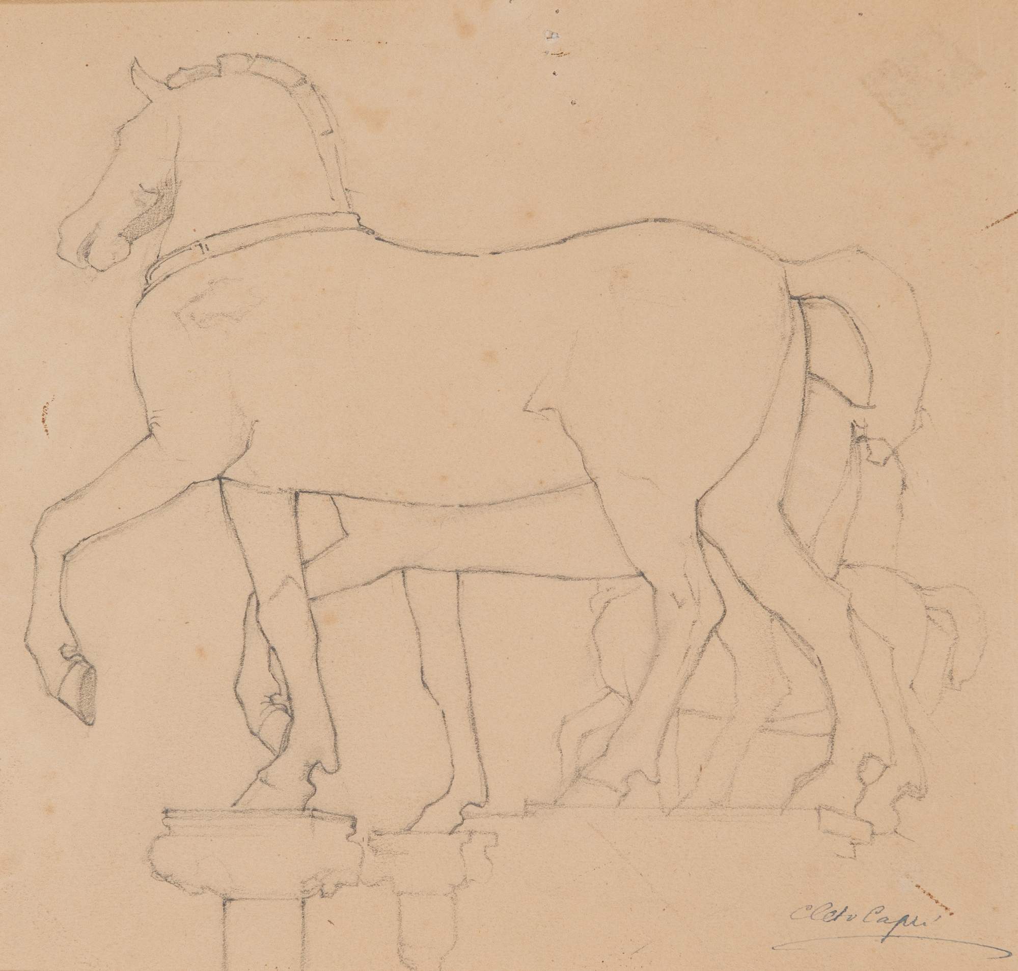 CLETO CAPRI (Bologna 1873 - 1965), attr. “I cavalli di San Marco a Venezia”. Disegno su carta. Cm