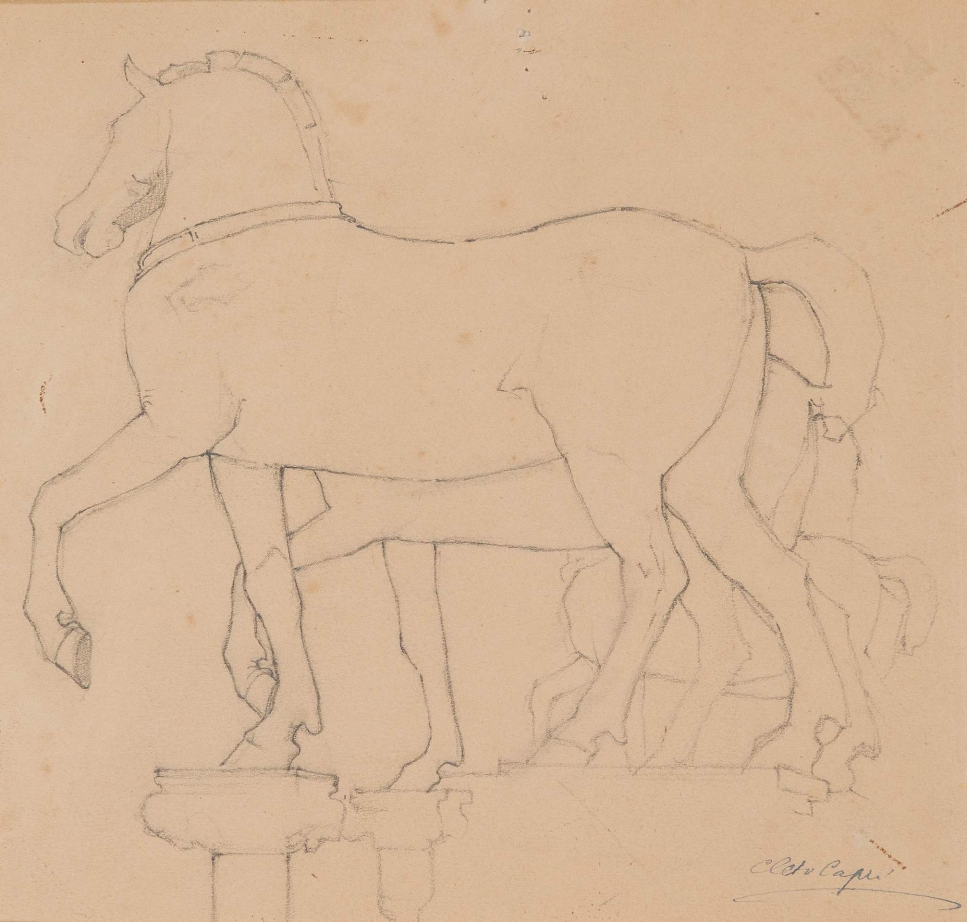 CLETO CAPRI (Bologna 1873 - 1965), attr. “I cavalli di San Marco a Venezia”. Disegno su carta. Cm