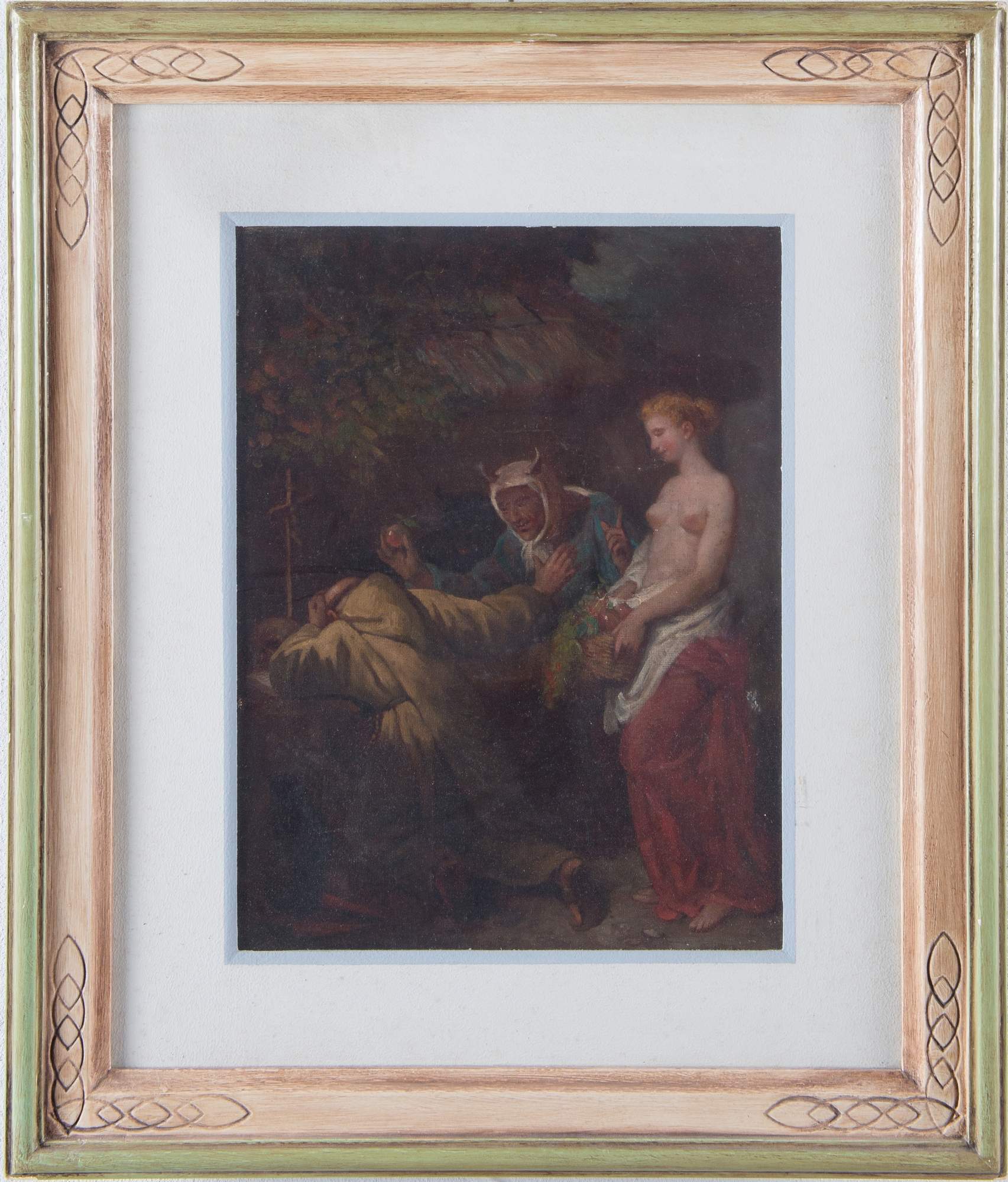 Maestro del XIX secolo. "Tentazioni di Sant'Antonio". Olio su tela. Cm 35,5x27,5