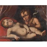Maestro del XVII secolo "Gesù bambino dormiente e San Giovannino". Olio su tela. Cm 46,5x58,5