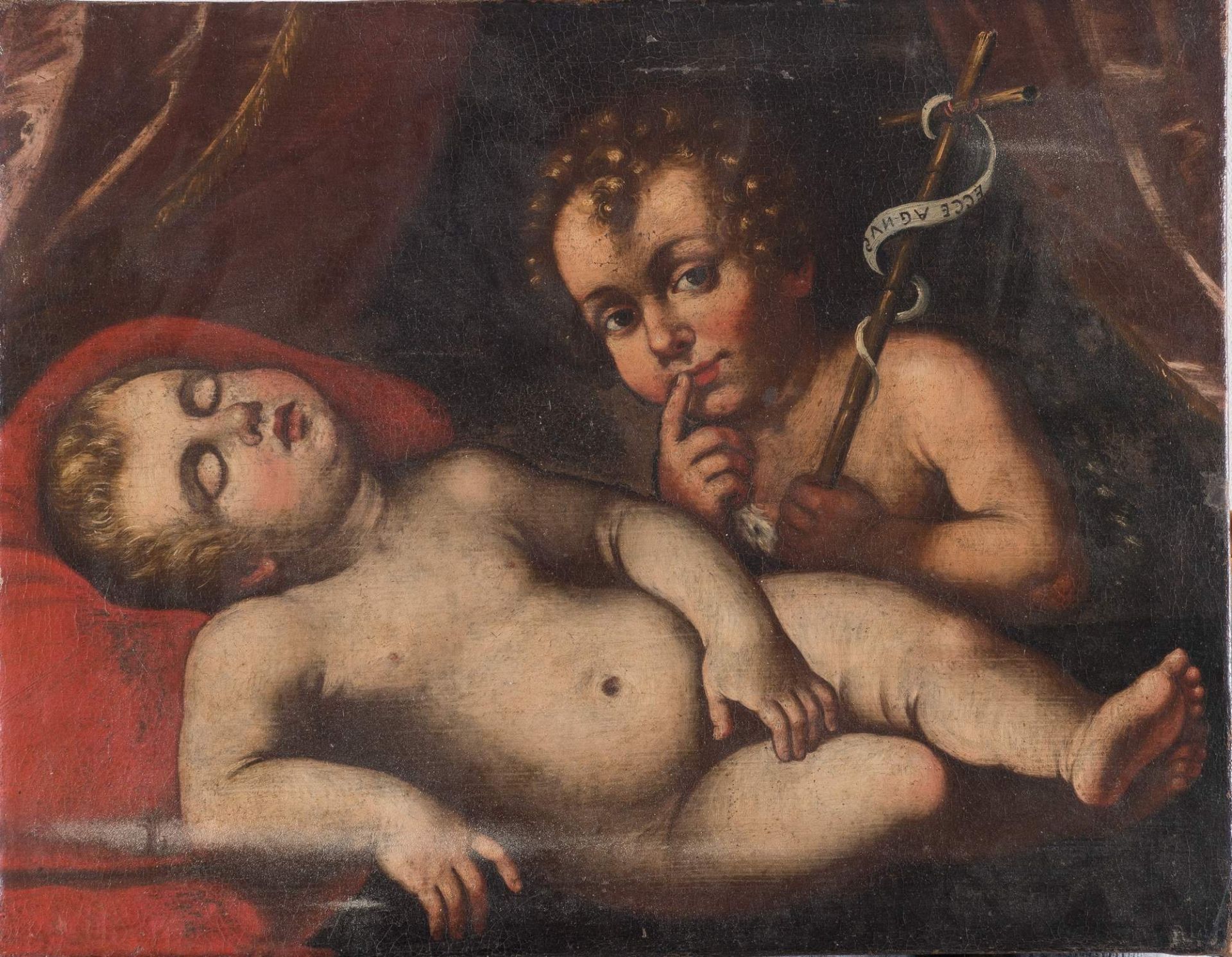 Maestro del XVII secolo "Gesù bambino dormiente e San Giovannino". Olio su tela. Cm 46,5x58,5