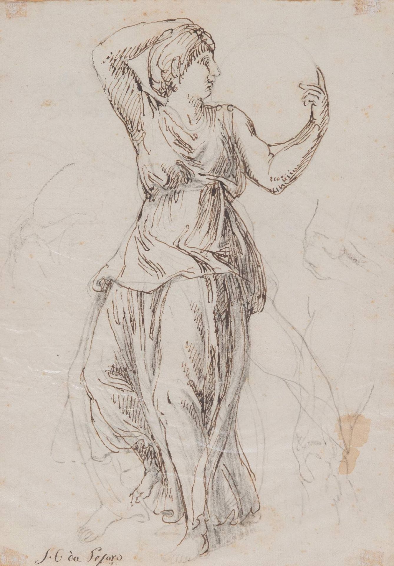 Maestro del XVIII secolo. “Figura allegorica”. Disegno a matita e china su carta. Cm 22x15,5.Opera