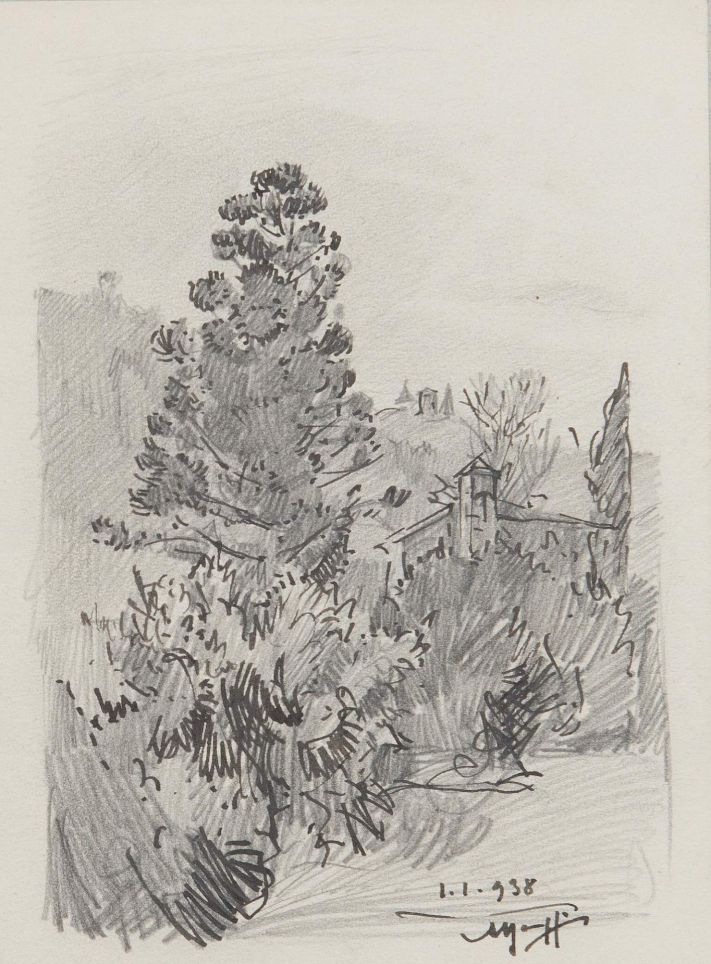 ALFREDO BARUFFI (1873 - 1948). “Paesaggio”, 1938. Disegno su carta. Cm 16,5x12,5.